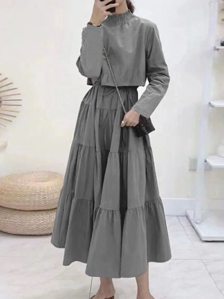 Elegant High Collar Ruffled Dress Casual Solid Color Robes W-封面