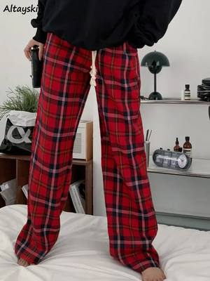 Wide Leg Long Pants Women Vintage Plaid Loose Casual Harajuk