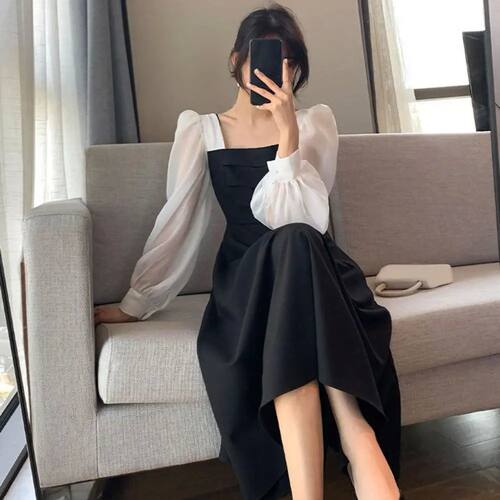 Women Dress Patchwork Long Sleeves Autumn Dress Solid Color