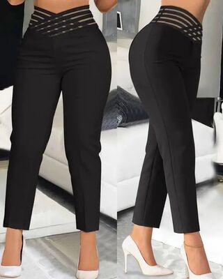 Elegant Overlap Waist Work Pants for Women Hollow Out Sheer