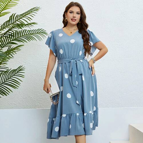 2023 Short Sleeves Polka Dot Informal Plus Size Midi Dress V