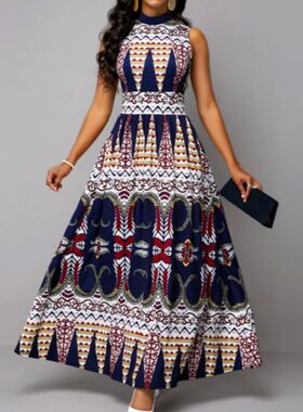2023 Summer Ethnic Style Stand Collar Printing High Waist Lo