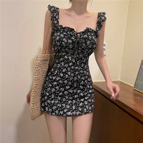 New Korean Sexy High Waist Swimwear Women Print One Piece Sw
