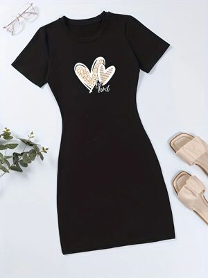 Plus Size Heart Print Crew Neck Colorful Dress, Casual Short