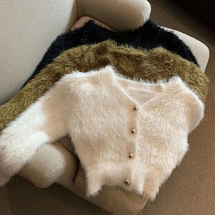 Knitted Cardigan Women Vintage Neck Mohair Sweater Cropped