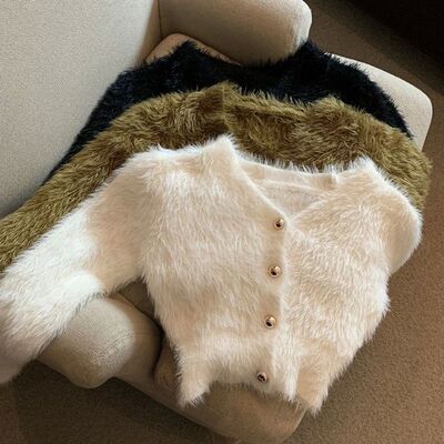 Vintage Cropped Mohair Knitted Cardigan Women V Neck Sweater