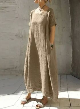 Plus Size Women Loose Short Sleeve Dress Long Dress Oversize