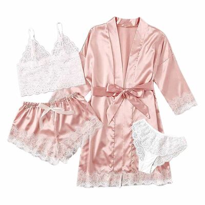 Women's Summer Sexy Pajama Pants Set 4 Pieces Lace Satin Wit