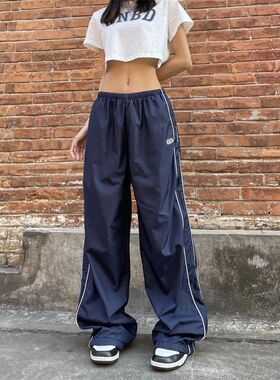 QWEEK Y2K Vintage Navy Blue Track Pants Women Gorpcore Stree