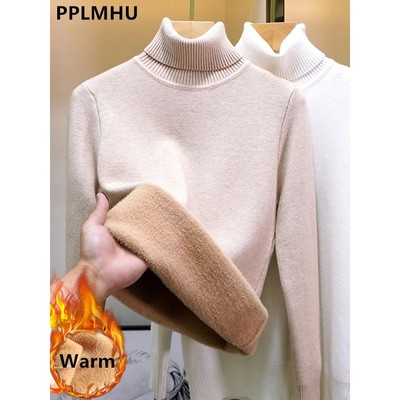 Turtleneck Winter Sweater Women Elegant Thicken Velvet Lined