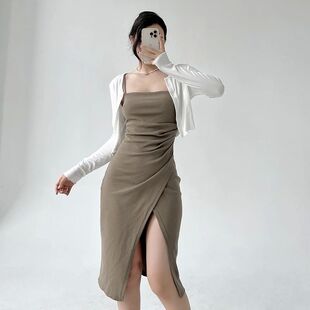 Summer Sling Long Dresses Women Side Split Ruched Solid Dres