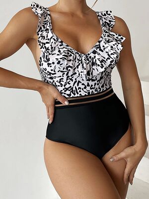 2023 V-neck Ruffle One Piece Swimsuit Women Mesh Tape Swimwe
