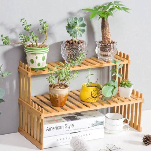 2 Tiers Bamboo Plant Stand Shelf Bamboo Flower Display Stand