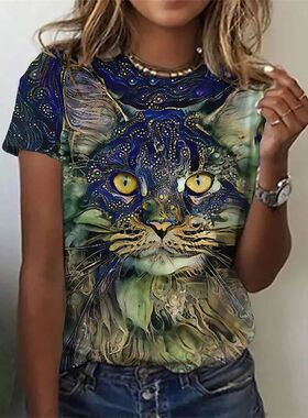 Funny Cat Print Women's Tshirts Summer Fashion Short Sleeve