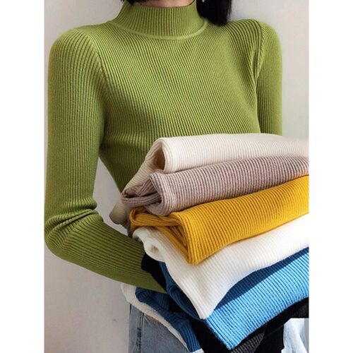 Autumn Winter Mock Neck Women Sweater Vintage Basic Solid Kn