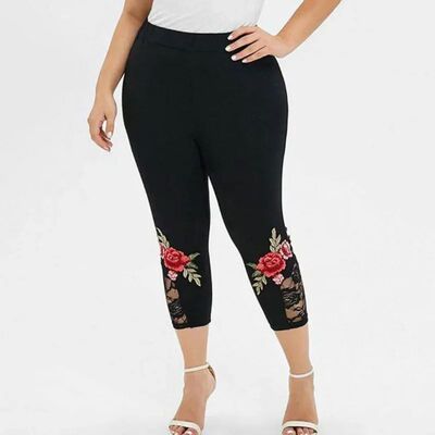 Women Rose Printed Lace Panel Slim Black Pants Female Casual
