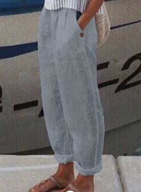 Women Casual Solid Linen Trouser Pant Baggy Pants Elastic Wa
