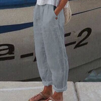 Women Casual Solid Linen Trouser Pant Baggy Pants Elastic Wa