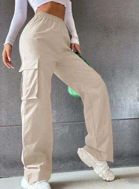 Womens Cargo Pants Elastic High Waist Wide Leg Trousers Stra