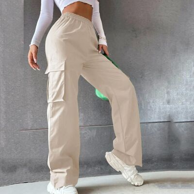 Womens Cargo Pants Elastic High Waist Wide Leg Trousers Stra
