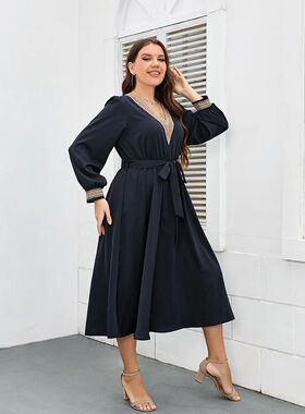 Plus Size Women Dress V Neck Long Sleeves Robe Waist Belt So