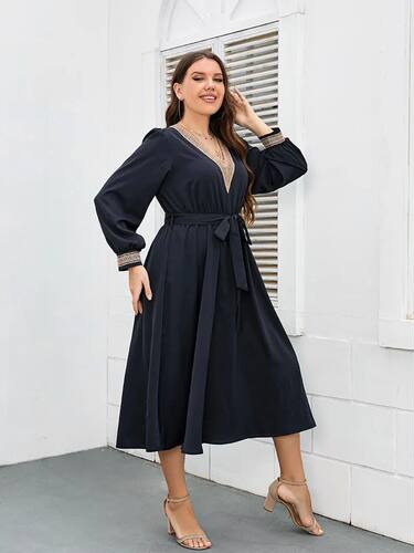 Plus Size Women Dress V Neck Long Sleeves Robe Waist Belt So
