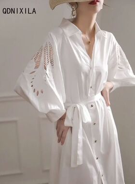 Women's Dress Hollow Out Design White Dresses Long Sleeve Sh