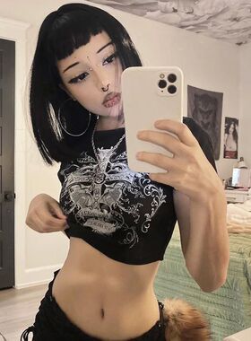 Y2K Punk Gothic Grunge crop tops black slim t-shirt emo-girl