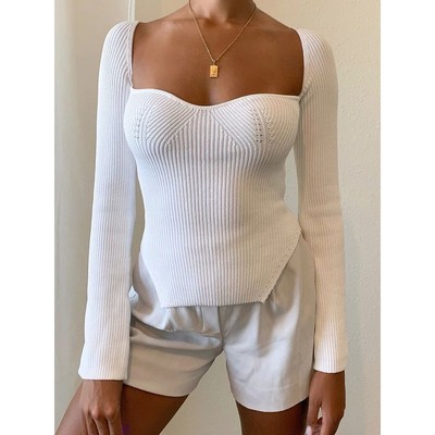 Square Collar Long Sleeve Woman Sweaters Knitted Pullover Wo