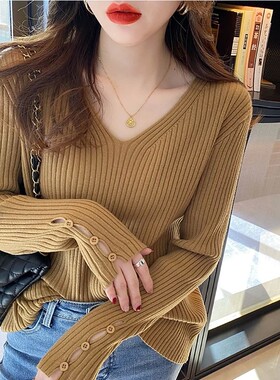 Autumn Winter Women Sweaters Long Sleeve Knitted V Neck Butt