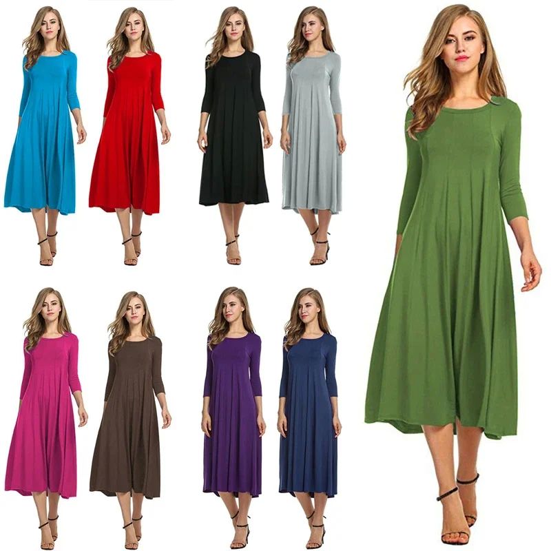 Plus Size Women Long Dress Round Neck Solid Color Frock Casu 女装/女士精品 连衣裙 原图主图