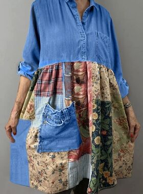 Women Plus Size Long Sleeve Dress Lapel Collar Autumn Vintag