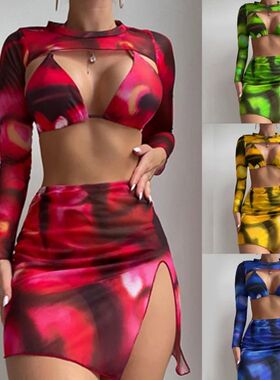 Womens Flower Print Bathing Suit with Crop Top and Beach Ski