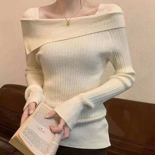 Women Slim Off Shoulder Knit Sweater Slash Neck Long Sleeve