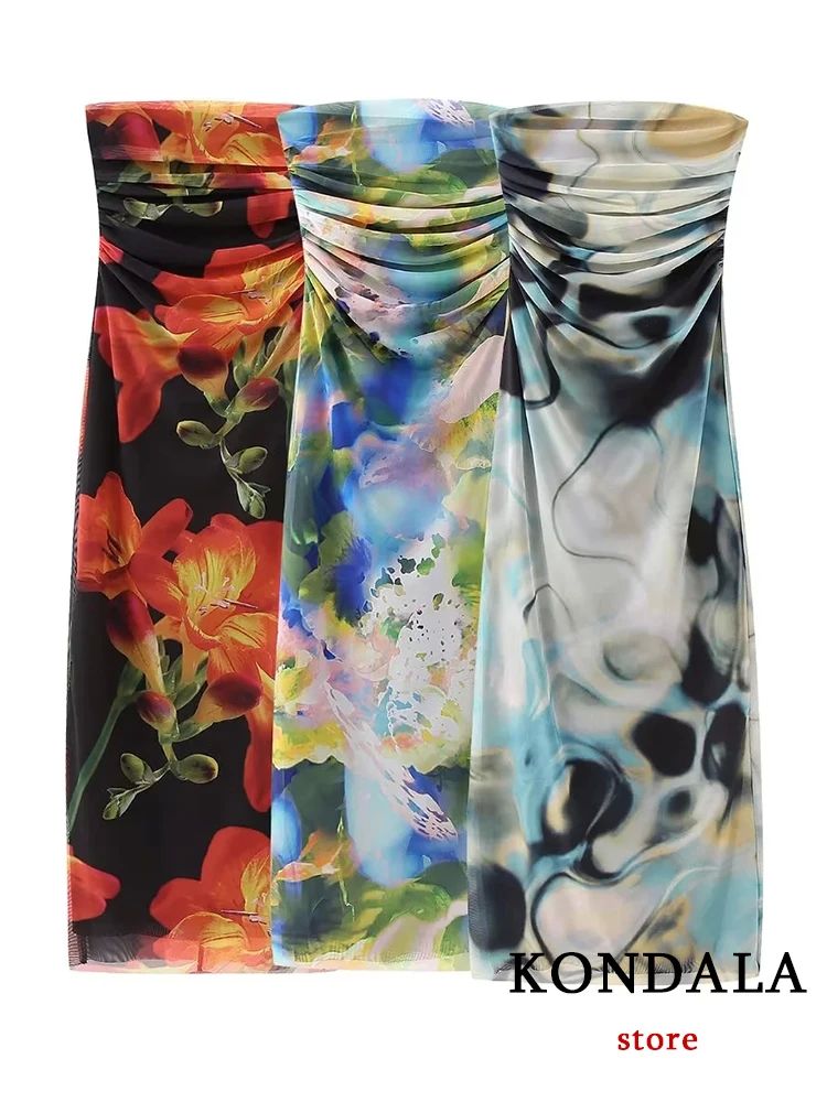 Vintage Flower Print Chiffon Long Strapless Dress Women Fash