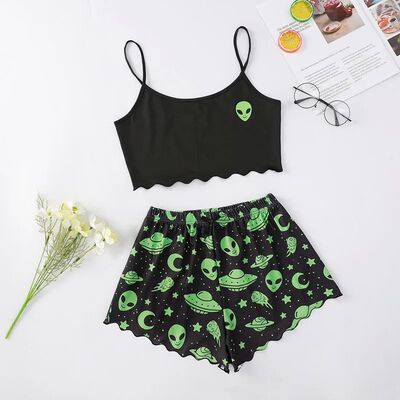 New Alien Print Camisole Top Shorts Homewear Pajama Set Wome
