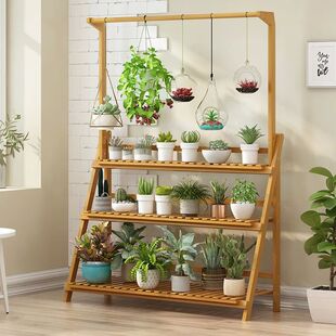 3 Tier Folding Bamboo Hanging Plant Stand Pot Shelf Stand Ra