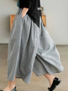 Elegant Woman Dress Plaid Pants Thin Cotton Linen Wide Leg T