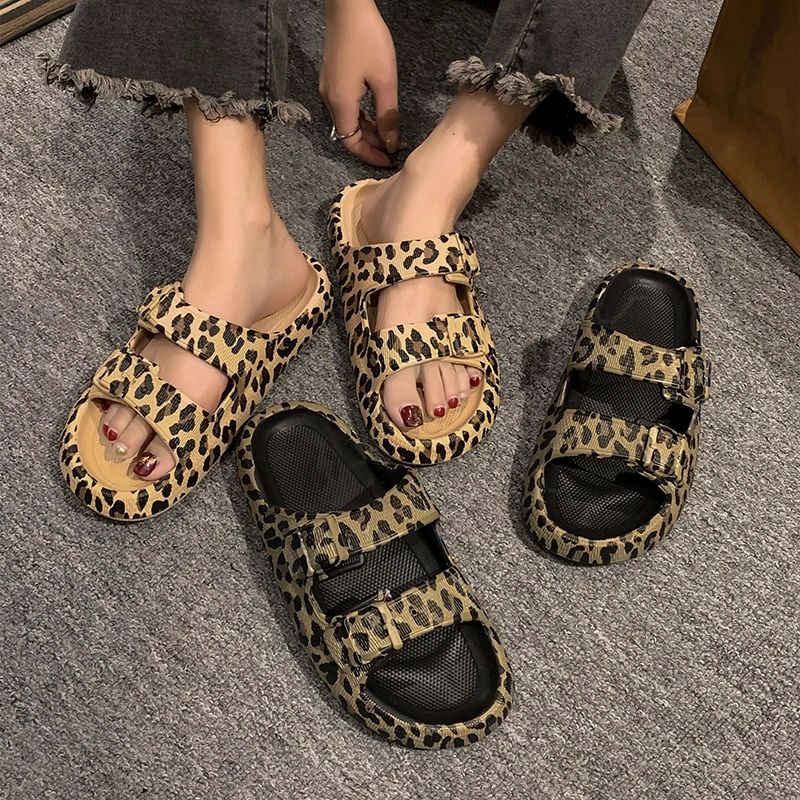 Summer Slippers Women's Leopard Print Platform Slippers Casu