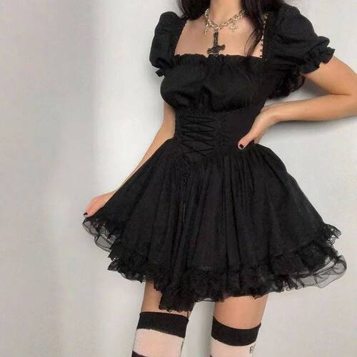 Lolita Black Dress Goth Aesthetic Puff Sleeve High Waist Vin