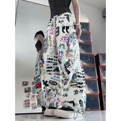 Hikigawa Vintage Print High Waist Women Pants Chic Fashion H