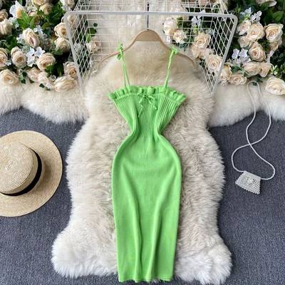 Bow Tied Spaghetti Strap Solid Knitted Dress Women Summer Sl