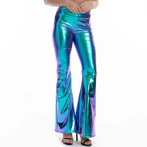 Sexy PU Leather Metallic Pants Shiny Holographic Flare Pants