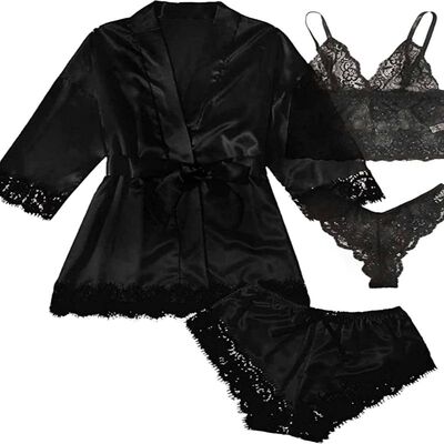 Black Stripe Robe and Pajamas set Women Silk Satin Lace Slee