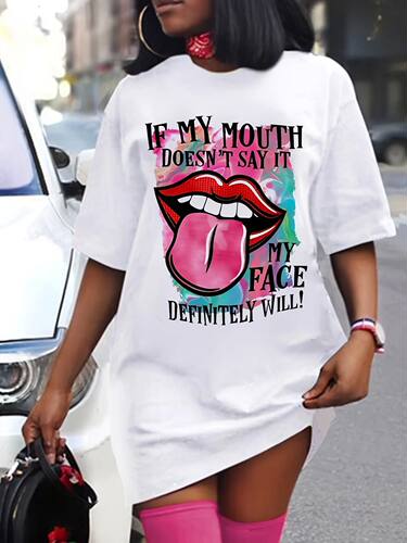 Plus Size Lips Print Mini Tee Dress, Short Sleeve Crew Neck