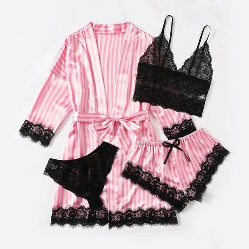 Woman Sleepwear 4pcs Floral Lace Trim Satin Pajamas Set with