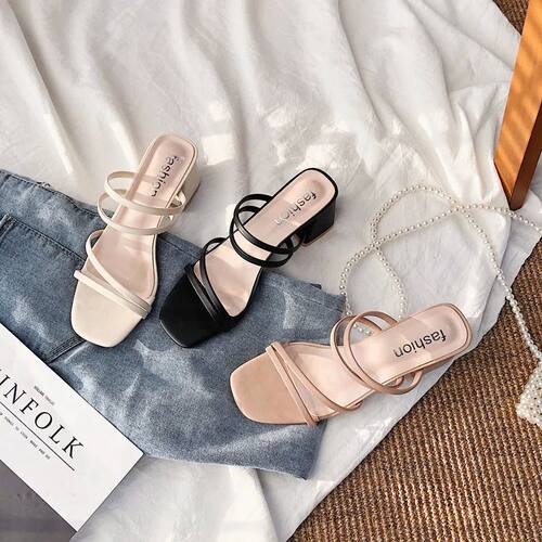 Women Sandals Ladies Square Heels Elegant Summer Slippers Ou