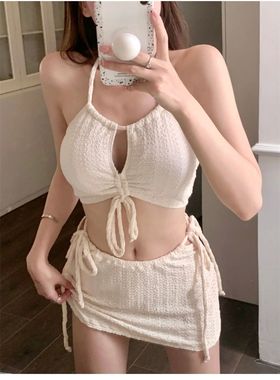 sexy Korean fashion ribbed halter bikinis sets three pieces