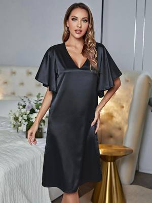 Silk Satin Side Split Women Nightgown Solid Sleepwear V Neck