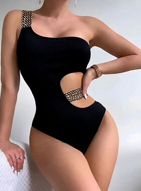2024 Metal Chain Shoulder Swimsuit Women One Piece Hollow Ou